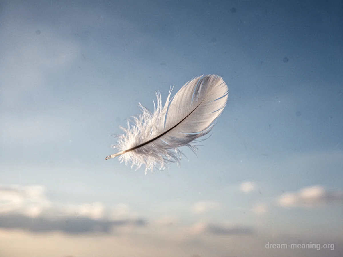 A single feather drifts in an open sky.