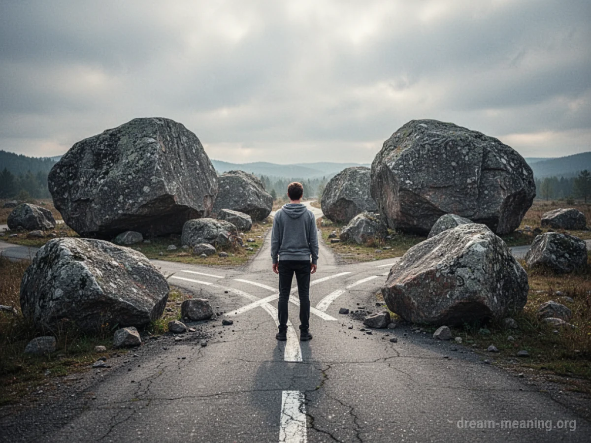 A person at a blocked crossroads under a cloudy sky.