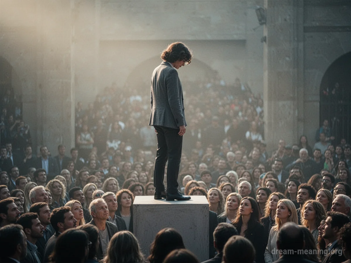 Person standing on a raised platform above others.