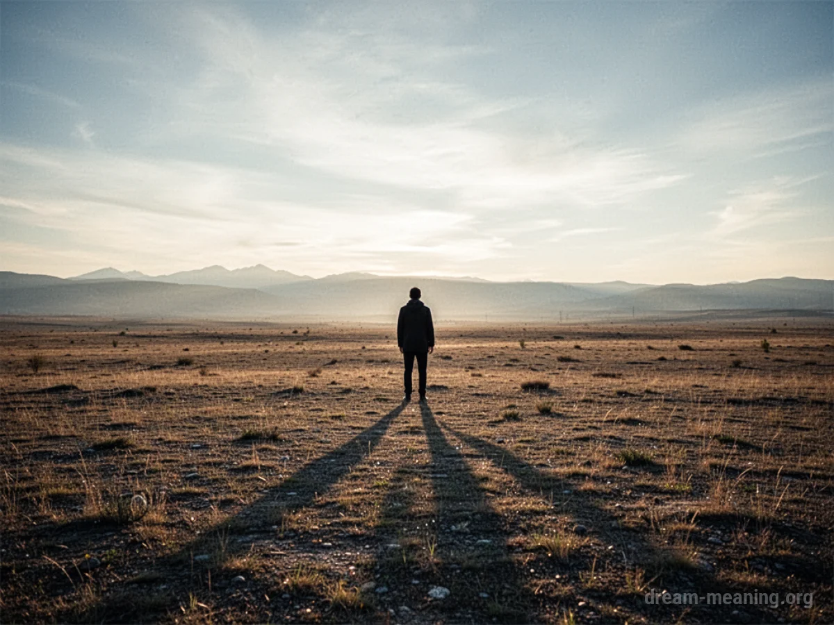 A single person standing in a wide, empty field as the sun sets.