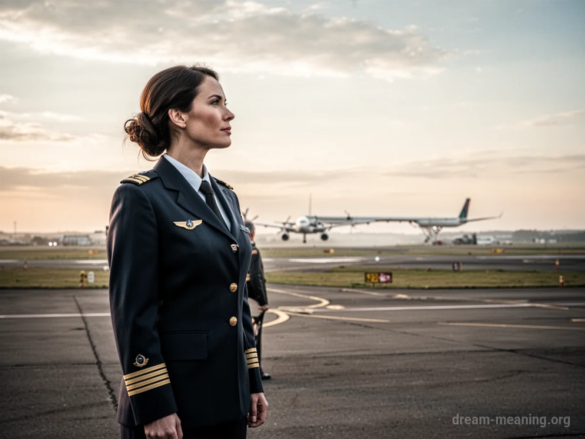 Woman in pilot uniform on an airfield.
