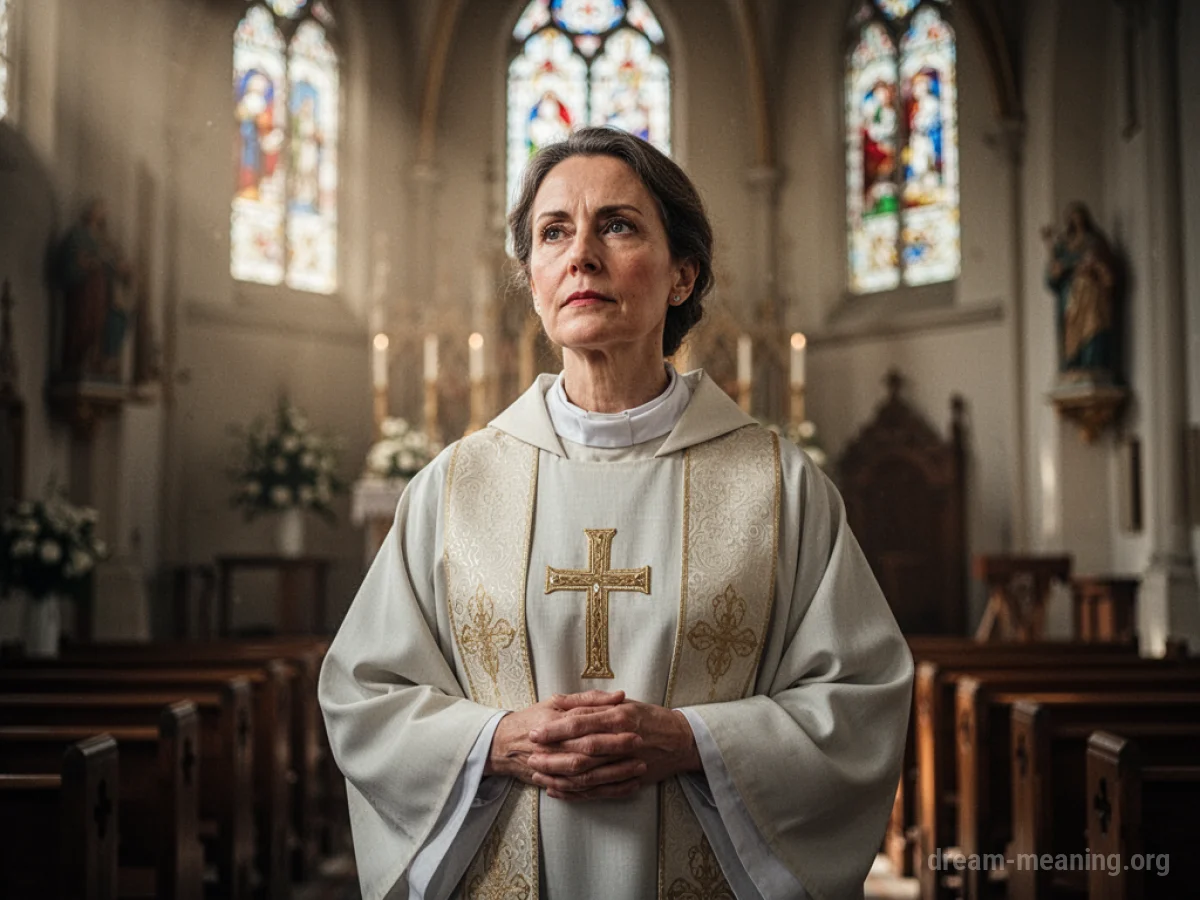 A woman wearing religious garments stands in a church.