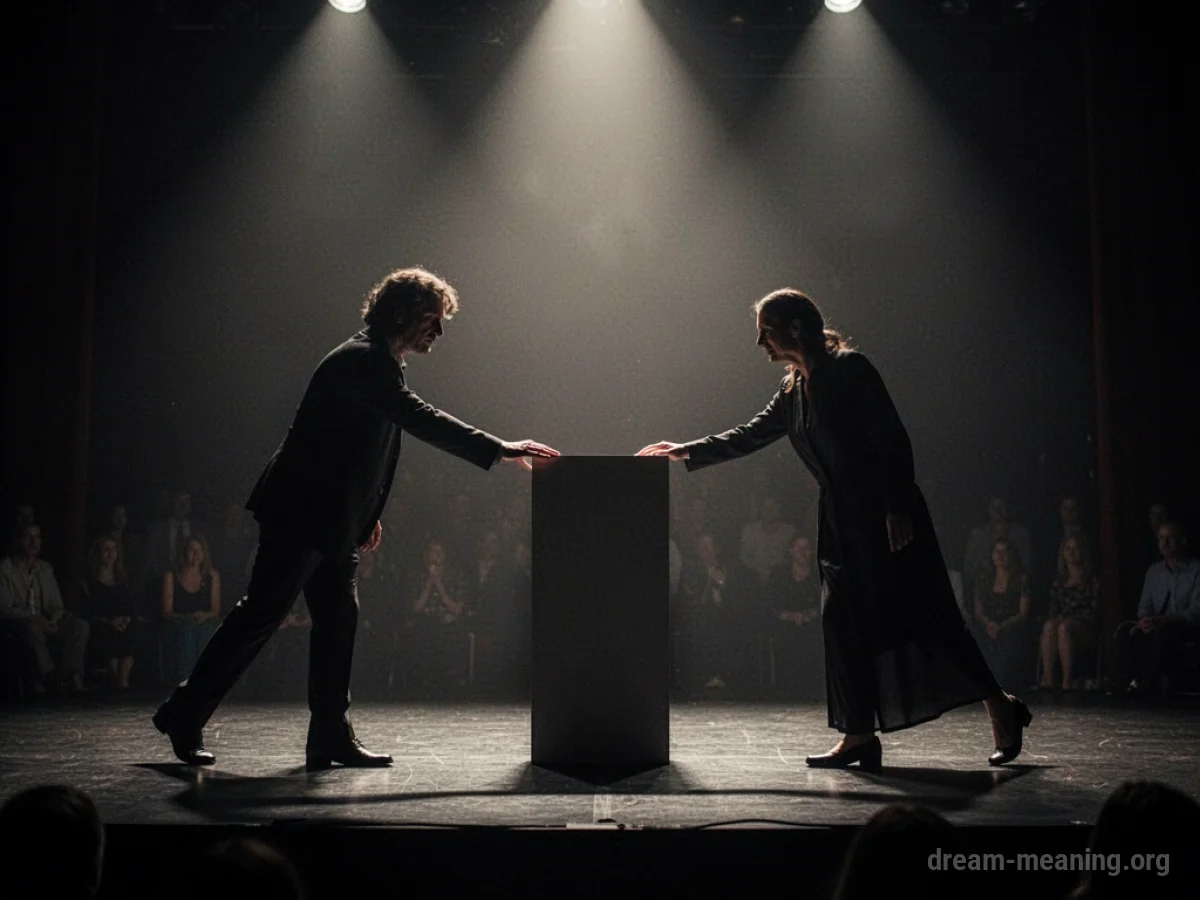 Two silhouetted figures stretching towards a pedestal.