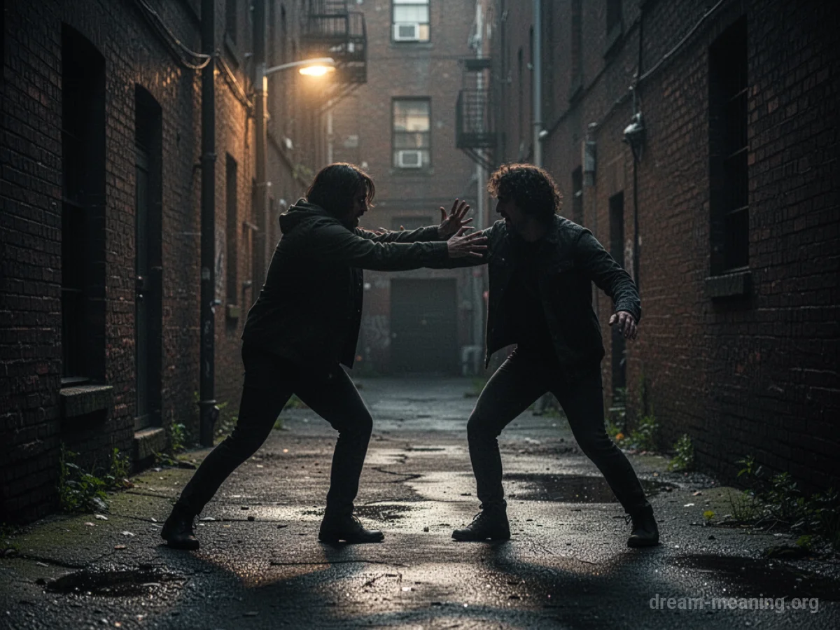 Two indistinct figures struggling in a dark alley.