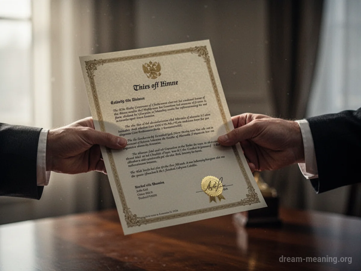 A hand offering a document with a seal to another hand.