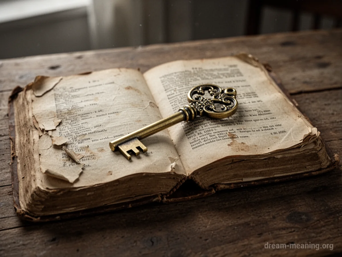 An ornate brass key lying on an open book.