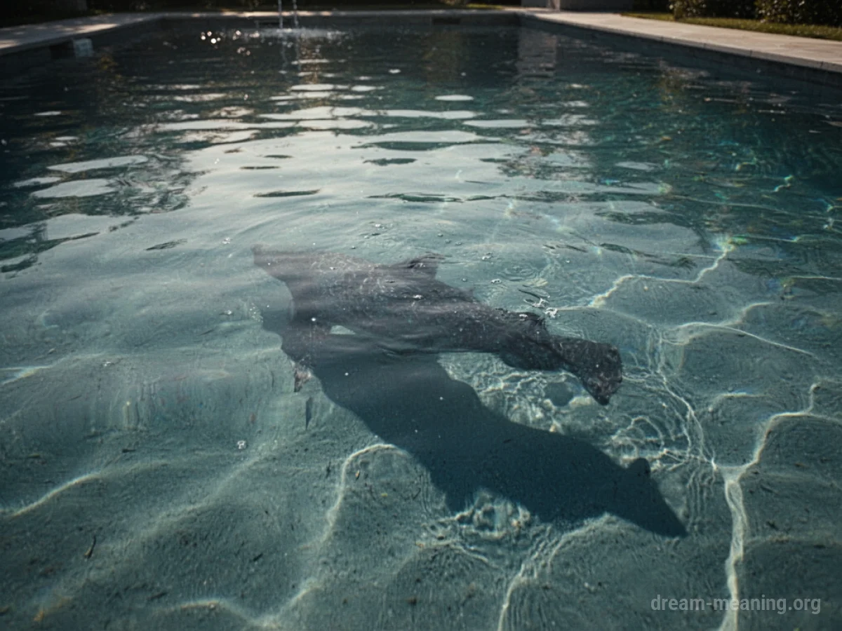 A murky shape visible under the surface of a swimming pool.