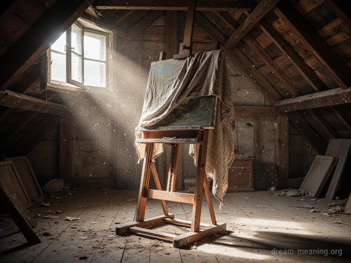 An easel with a draped painting in a dimly lit attic room.