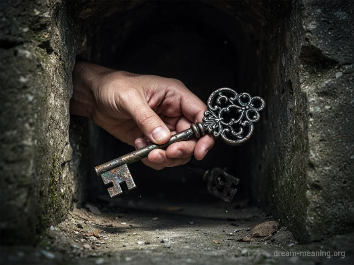 A hand reaching into a dark space towards a key.