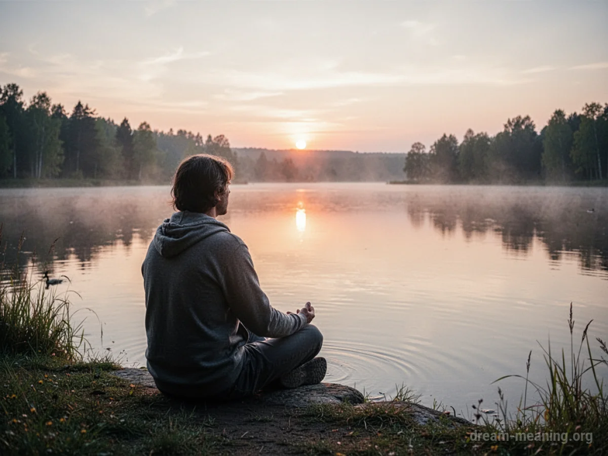 A person meditating by a still lake at dawn.