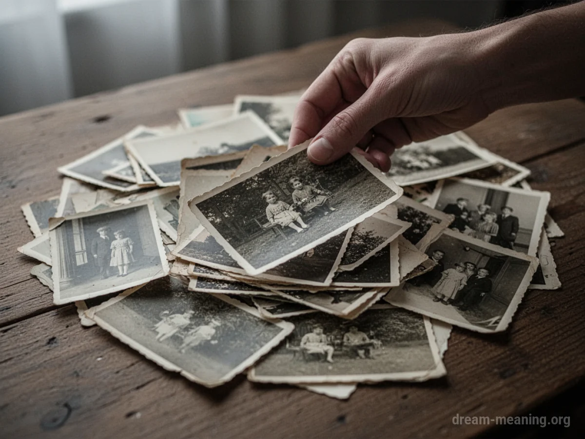 A hand sorting through a stack of old photographs.