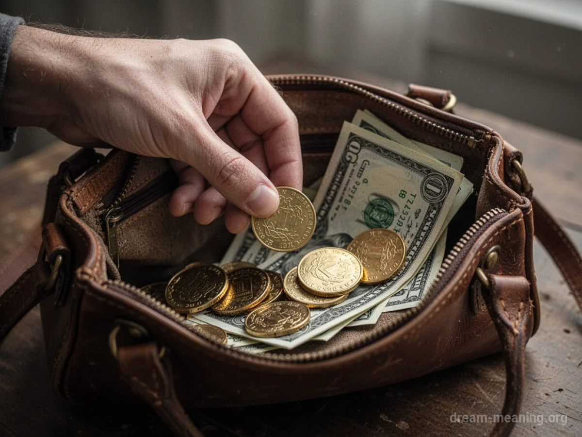 A hand reaching into a purse filled with money.
