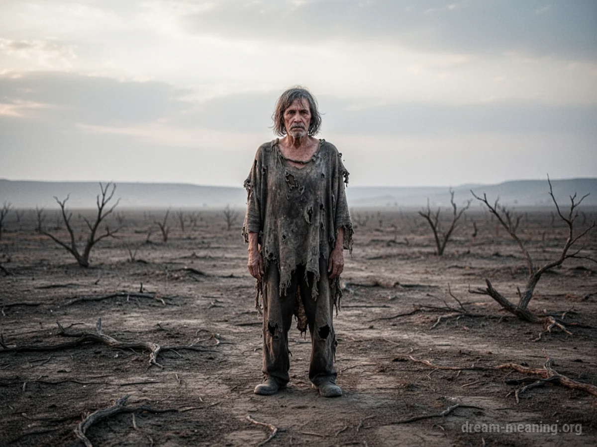 A person in worn clothes stands alone in a vast, empty field under a grey sky.