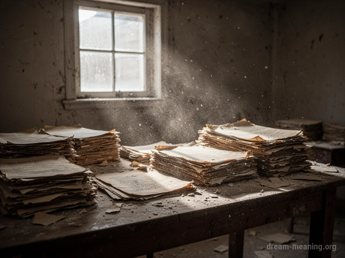Stacks of aged documents on a table in a dusty room with a beam of light.