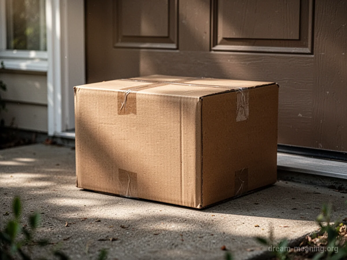 A closed cardboard box rests on a doormat.