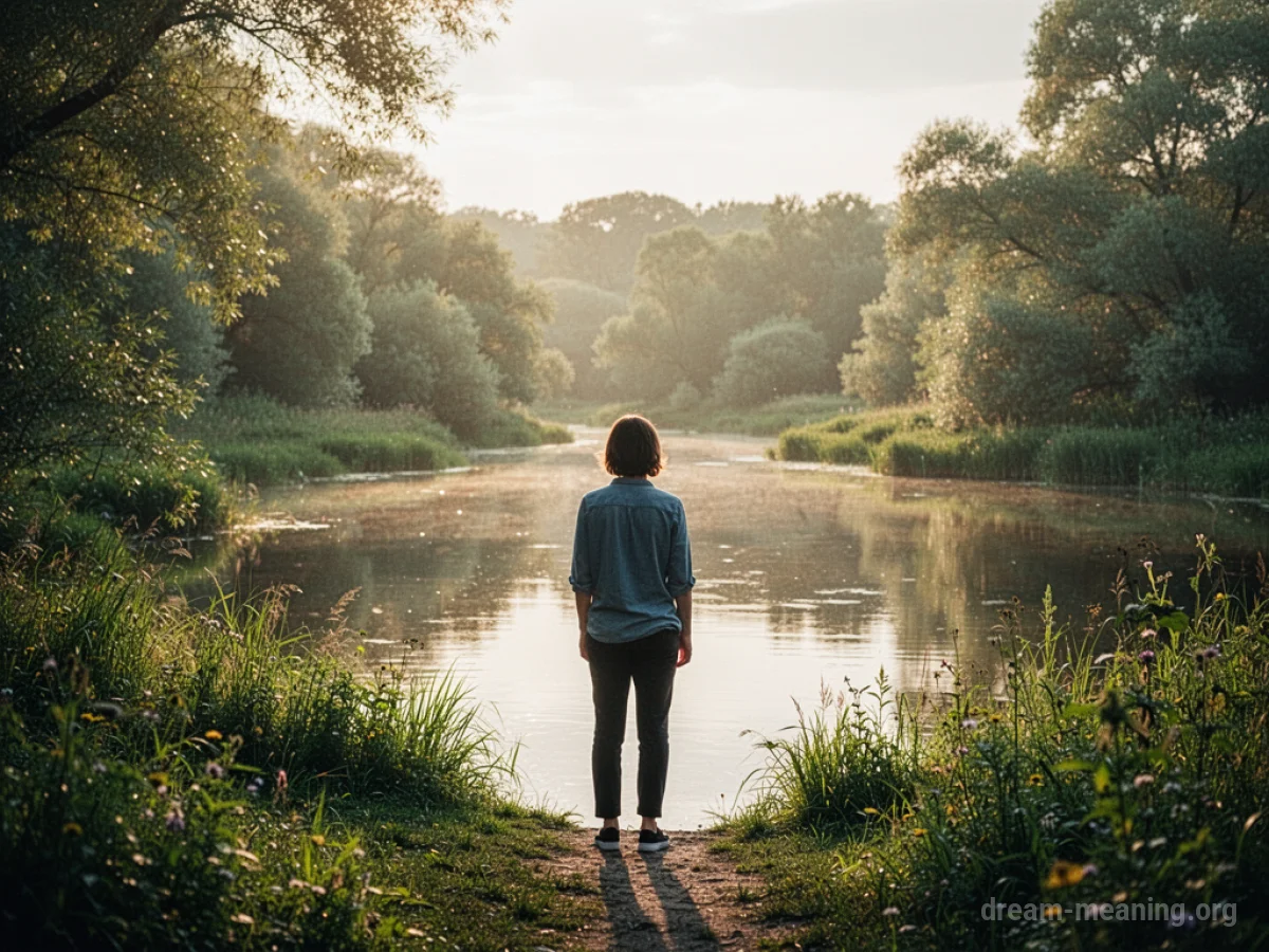 A person views a tranquil, sunlit landscape.