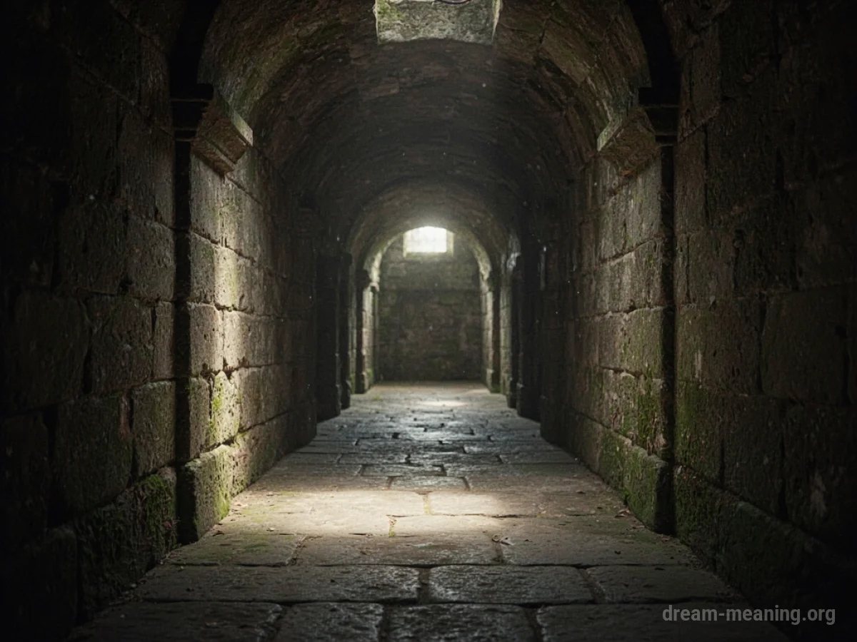 A person walking down a dark corridor towards a bright light.