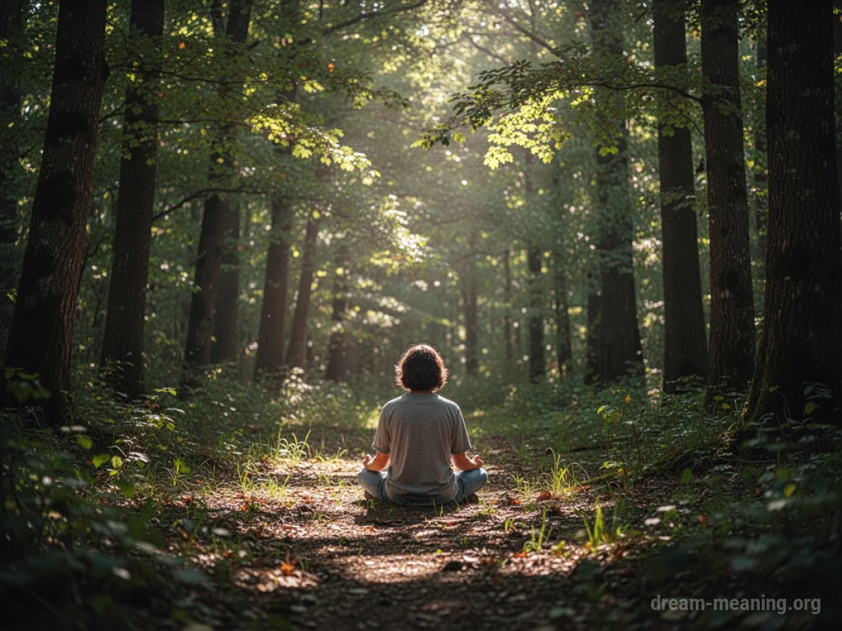 A person seated in a sunlit forest clearing.