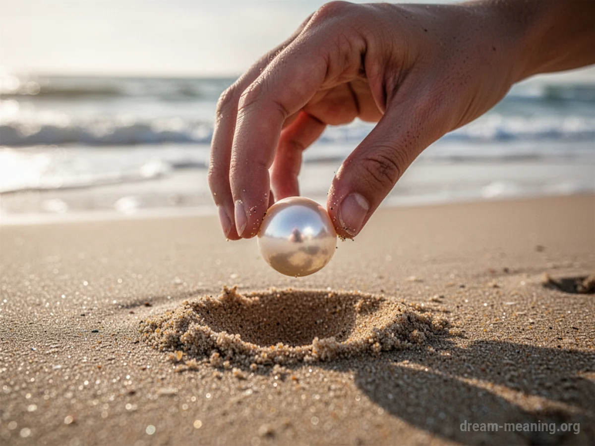 A hand holding a single pearl retrieved from sand.
