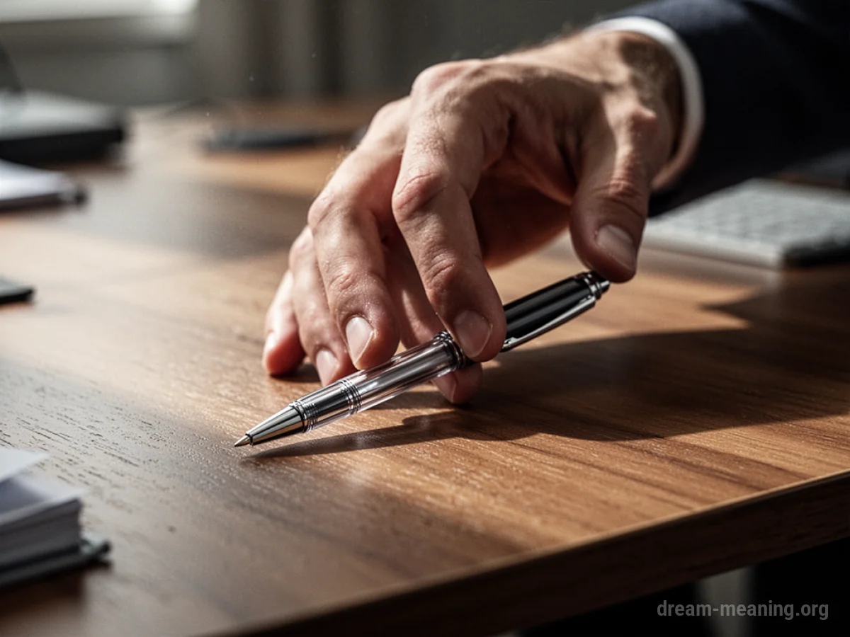 A hand hovering over a pen on a desk.