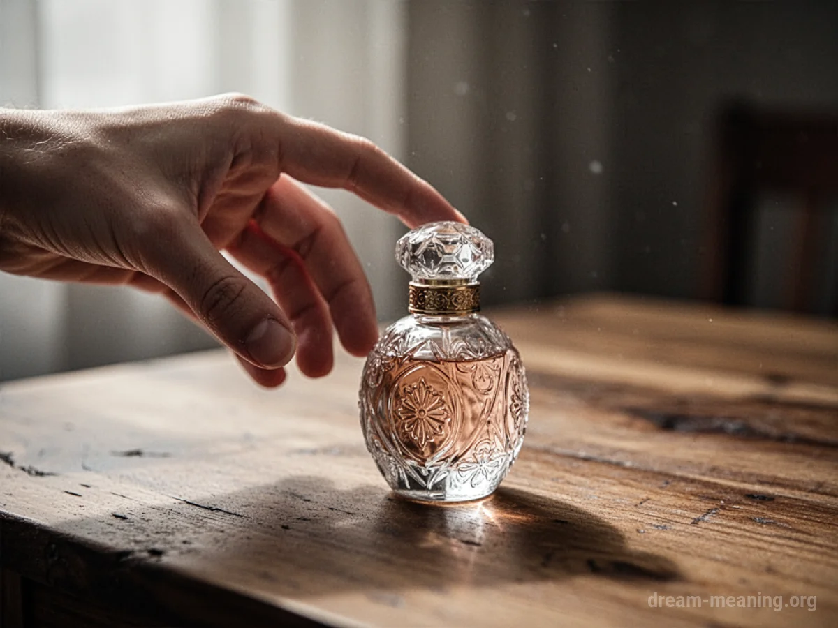 A hand reaching for a perfume bottle.