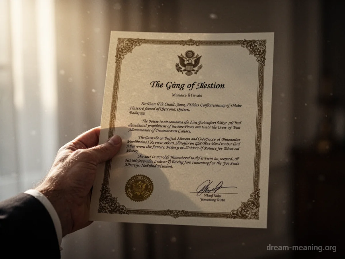 A hand holding a formal document with official seals and ornate borders.
