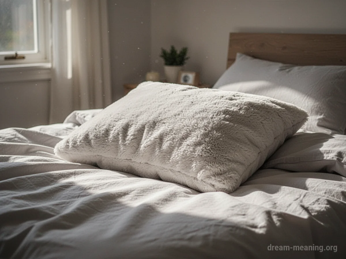 A soft, white pillow on a bed.