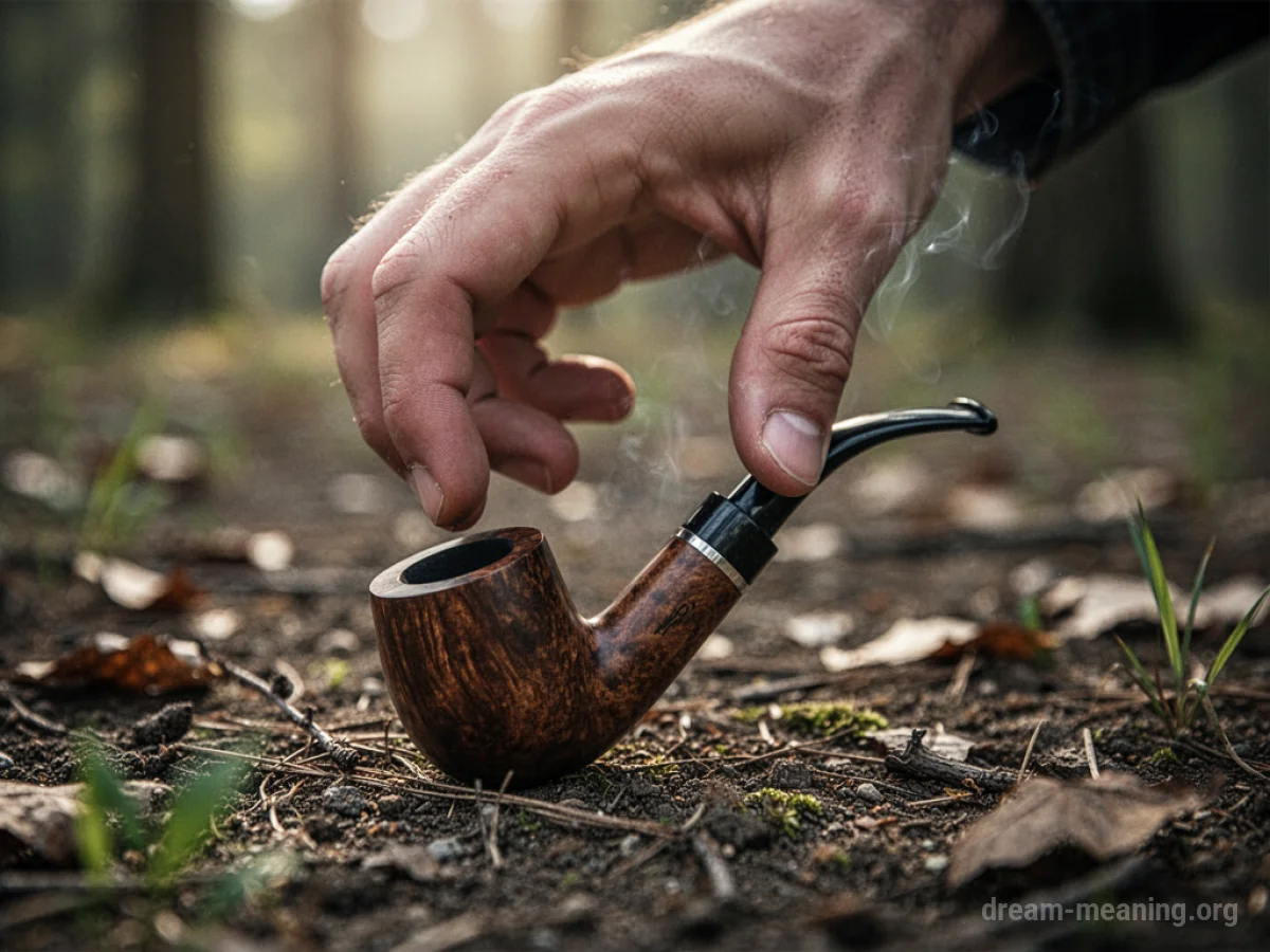 A hand reaching towards an old pipe lying on the ground.