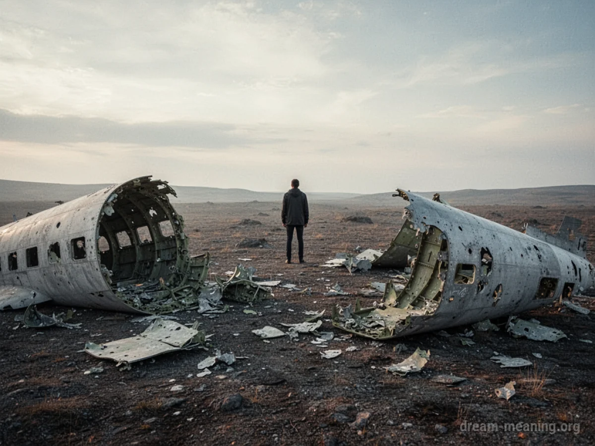 A person observes debris from a crashed airplane on a barren field.