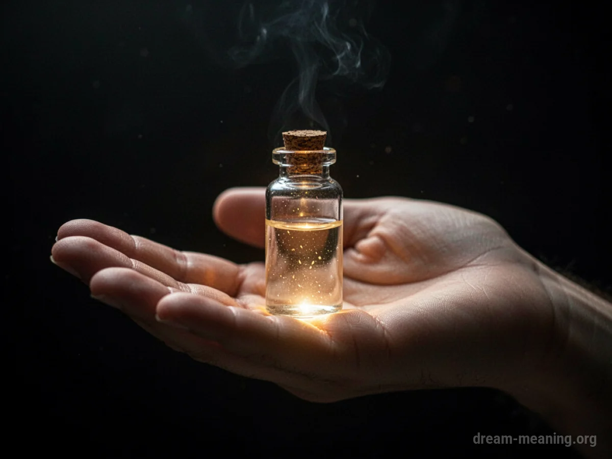 A hand holding a small vial containing a bright liquid.