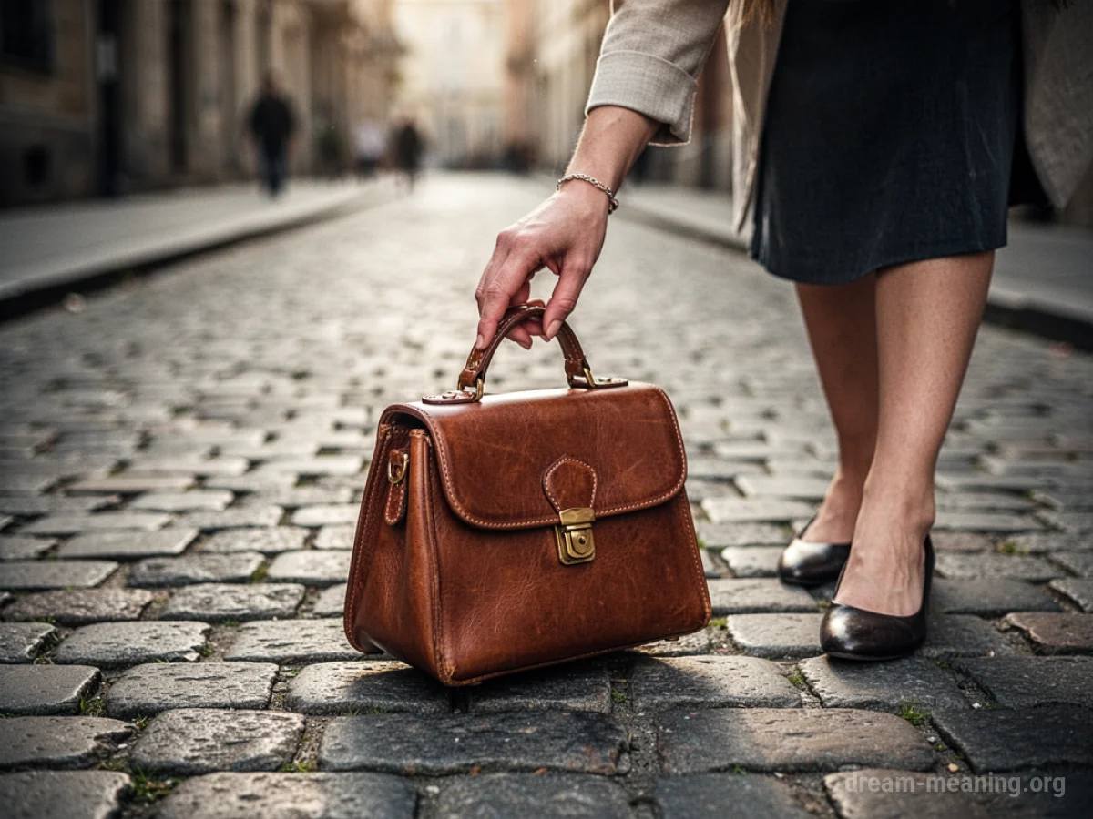 A hand reaching to pick up a purse from the ground.
