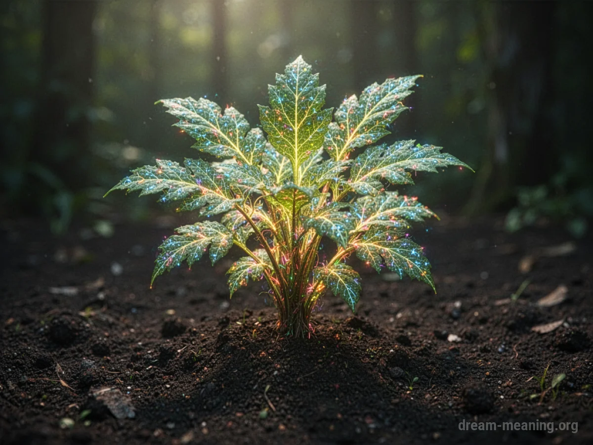 A unique, luminous plant growing from dark earth.