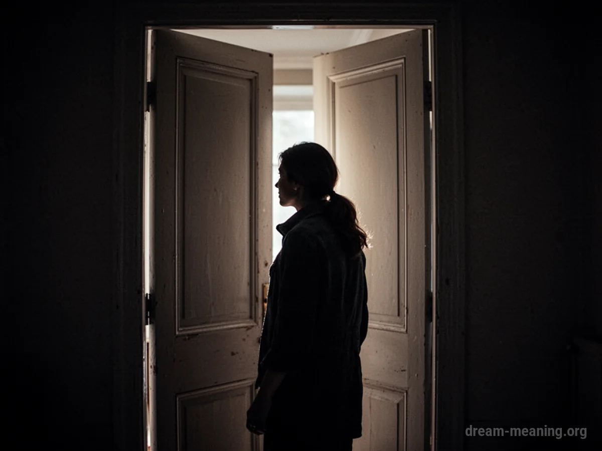 Silhouette of a person standing before an open doorway with light spilling out.