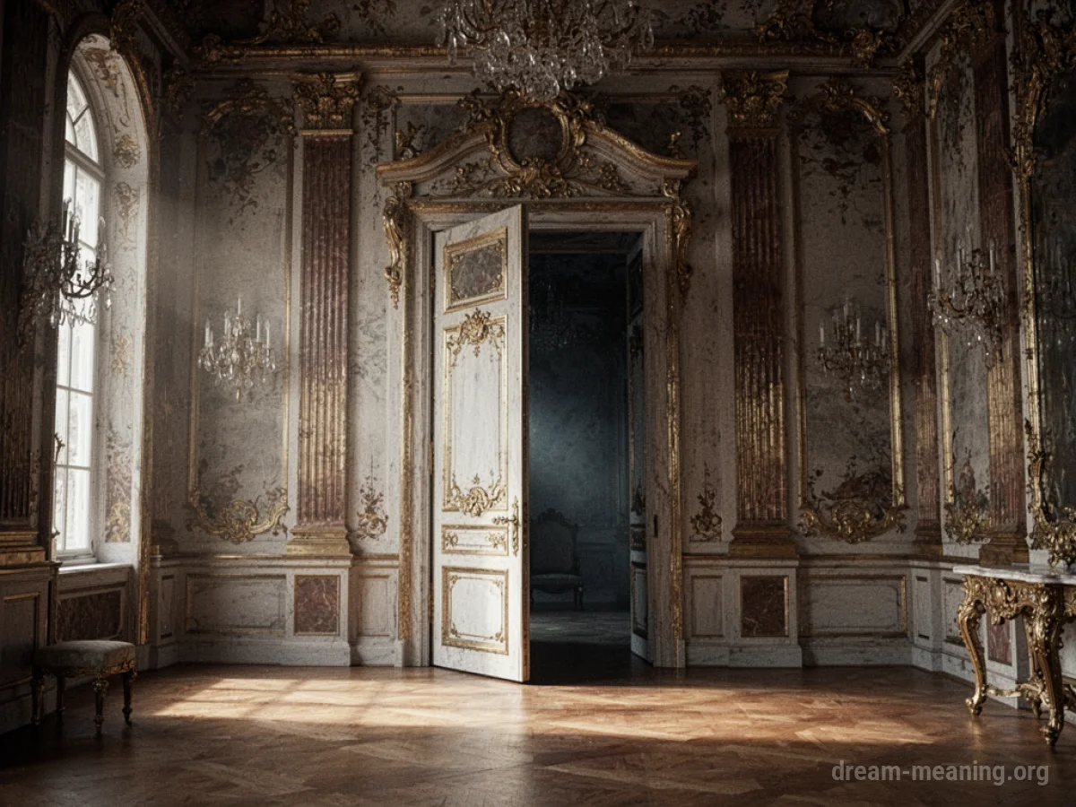 A partially open ornate door in a grand palace hallway, showing a dark, mysterious room beyond.