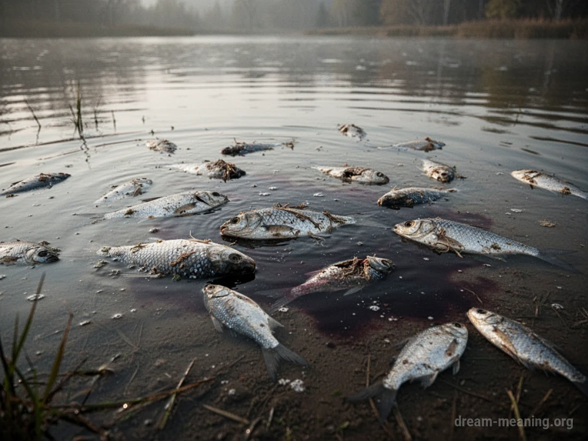 Dead fish floating on a discolored water surface.