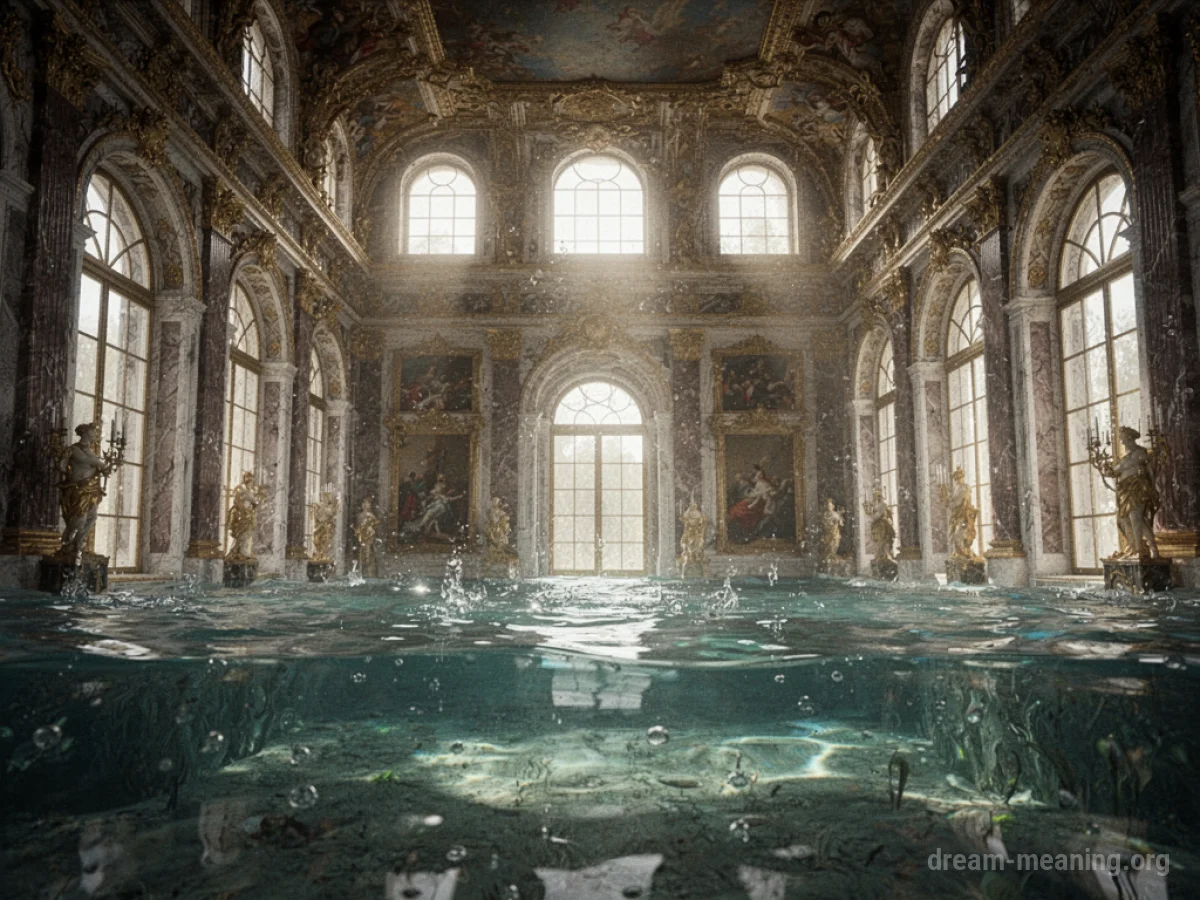 Interior of a grand palace with water covering the floor.