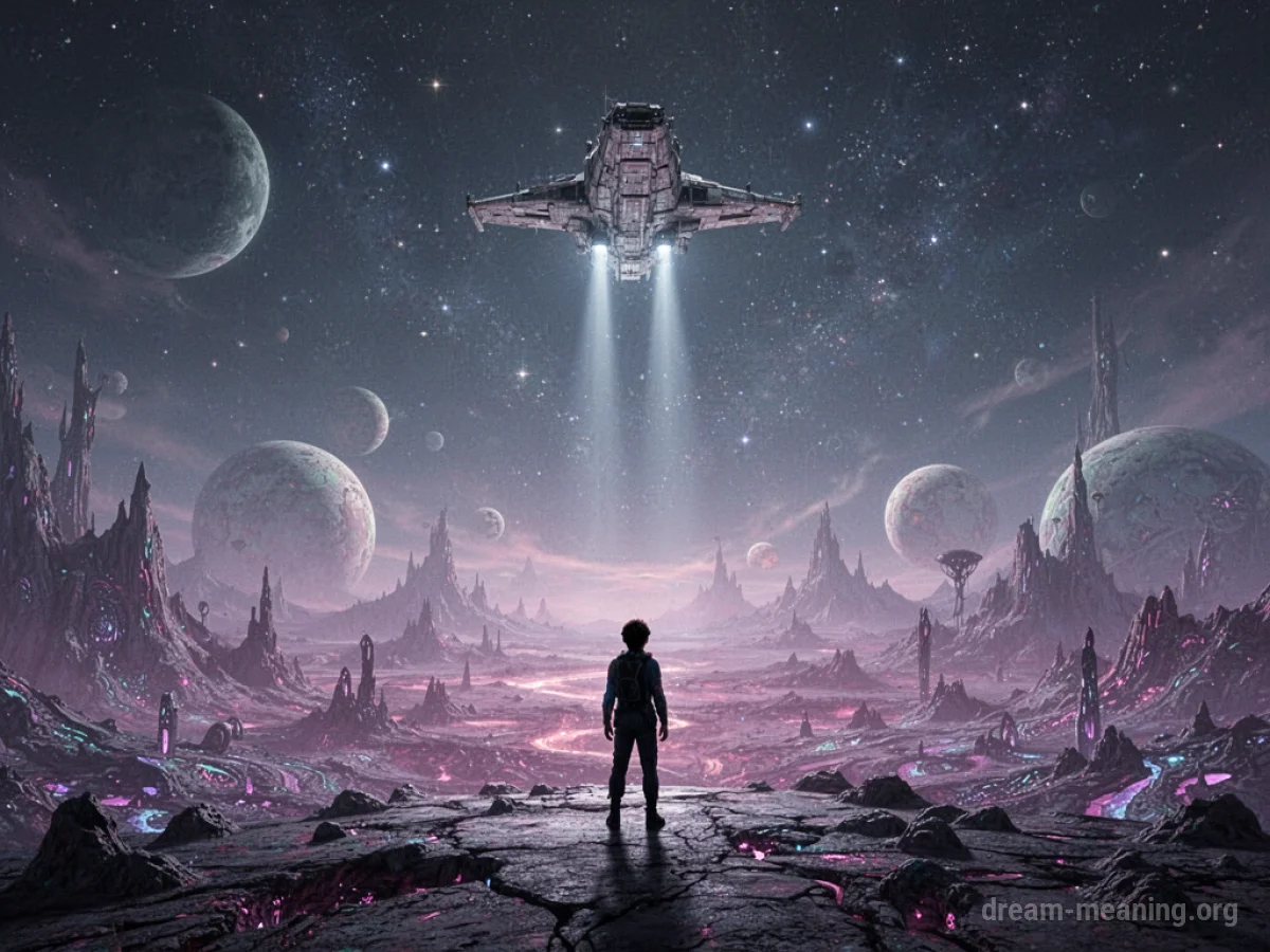 Silhouette of a person on an alien planet looking up at a spaceship in the sky.