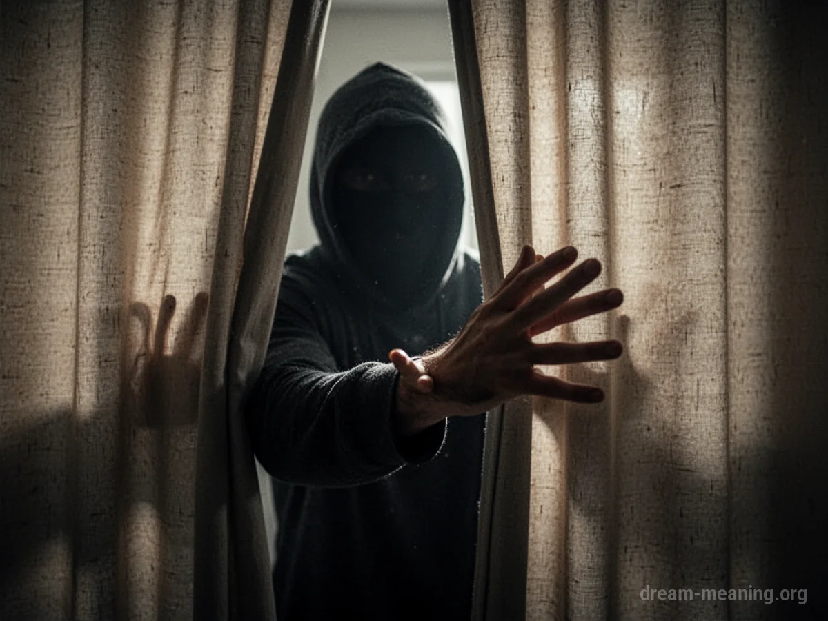 A hand emerges from behind a curtain to block another hand reaching forward.