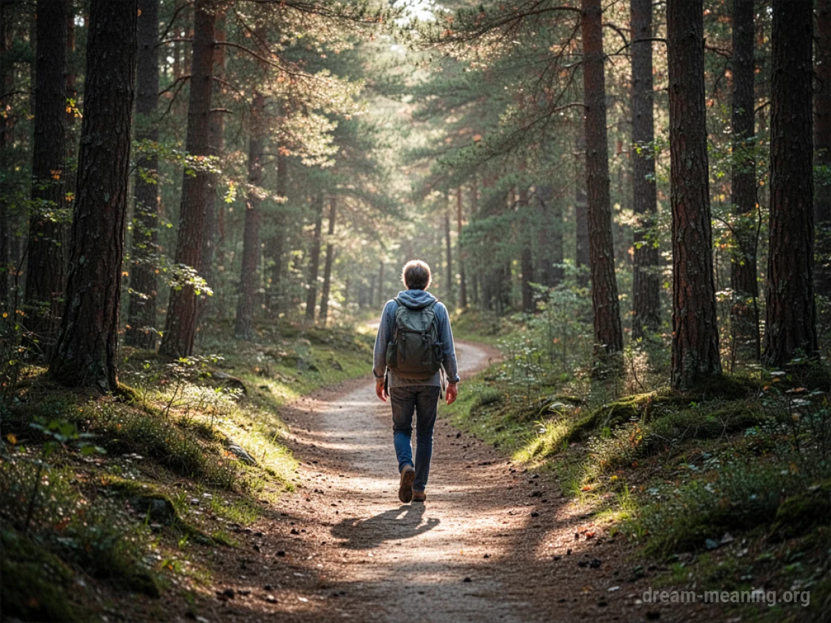 A person walks on a dirt path through a forest.