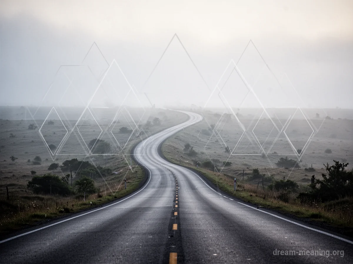 A road receding into mist with faint geometric shapes superimposed.