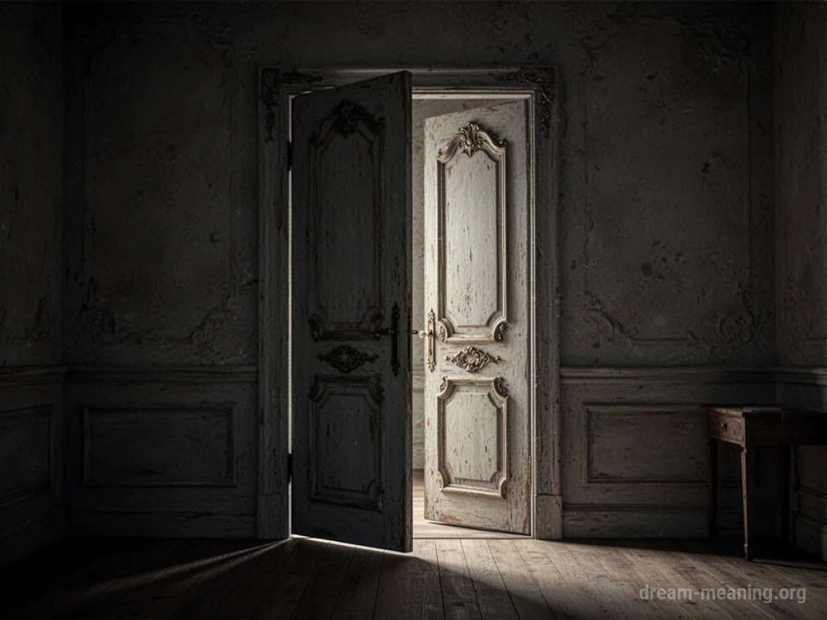 A partially open ornate door in a dark room.