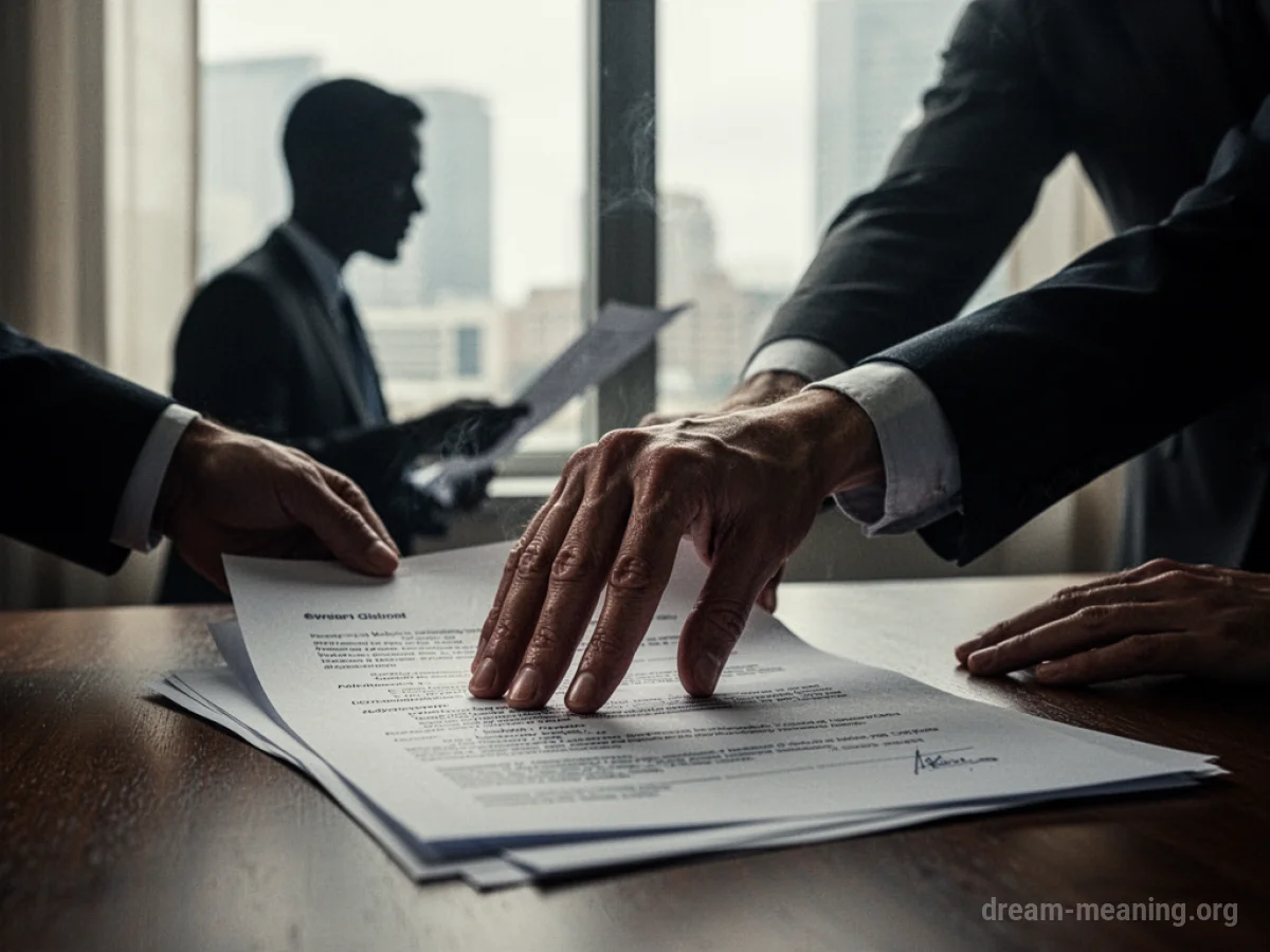 A silhouette figure is being pressured to sign a document by another figure.