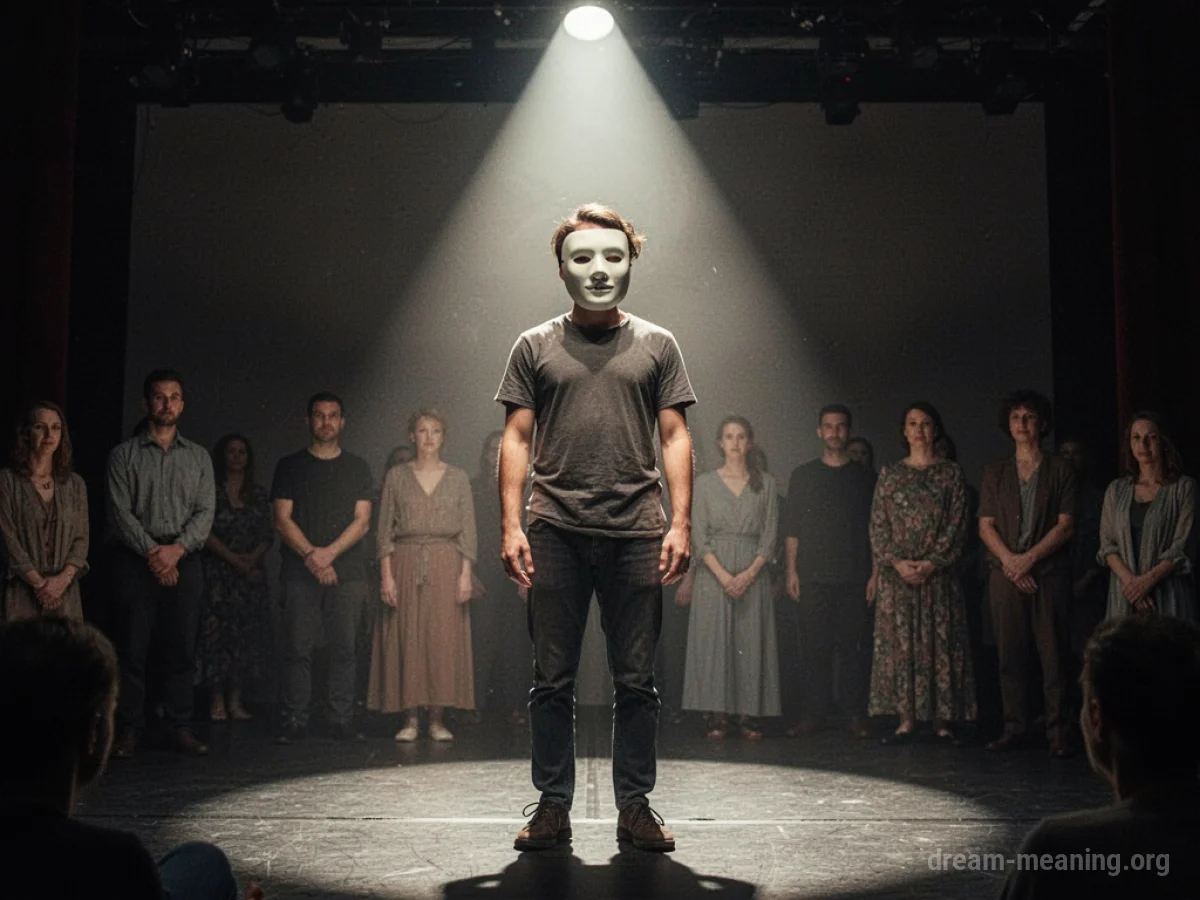 Person wearing an ill-fitting mask on a stage under a spotlight.