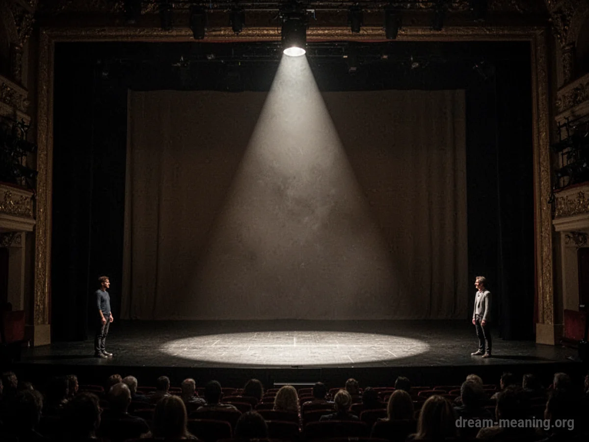 A silhouette of a person standing at the edge of a spotlighted stage.