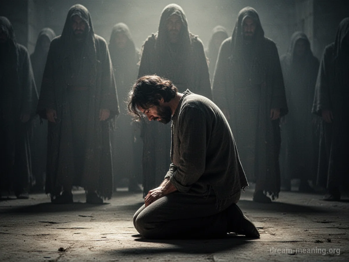 A person kneeling with unseen figures behind them.