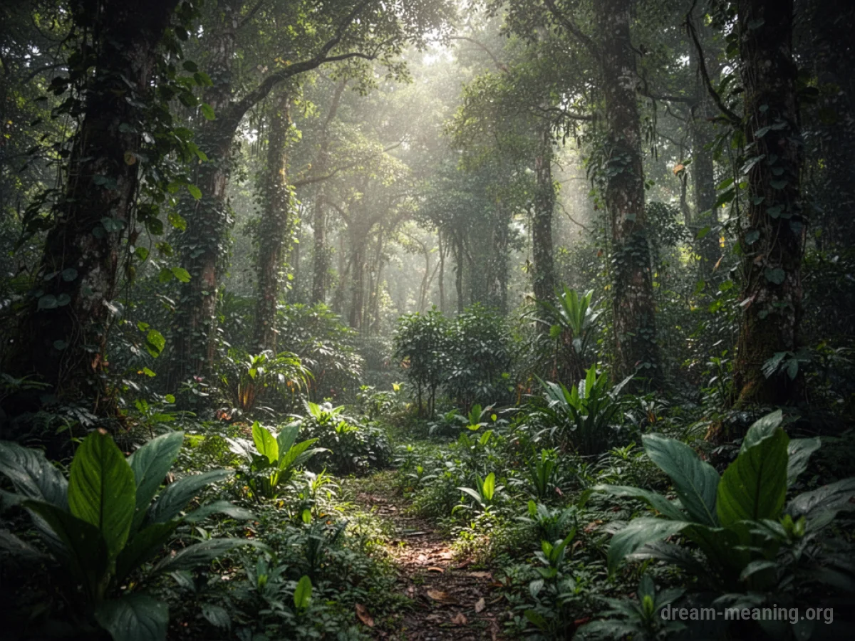 A dense forest filled with numerous green plants and trees.