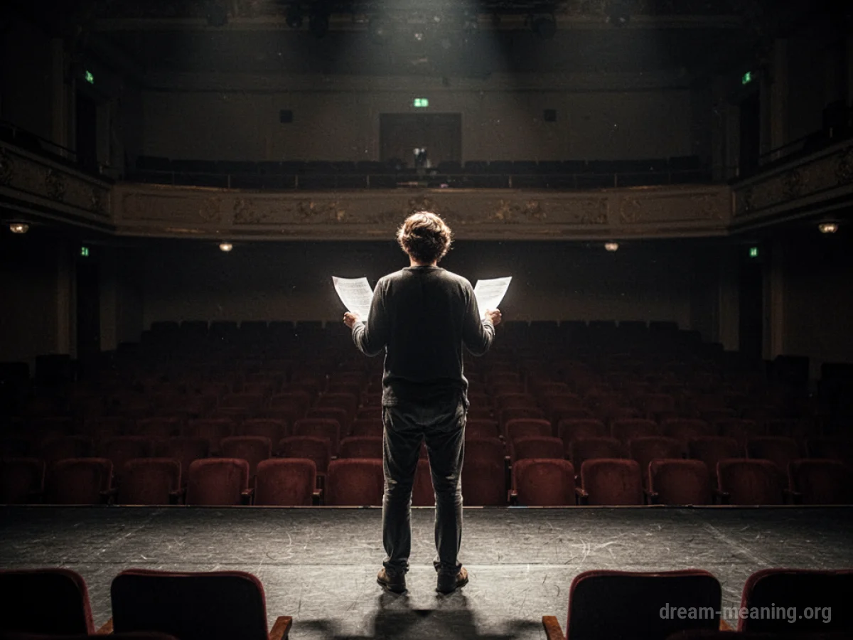 A person on a stage holding a script.