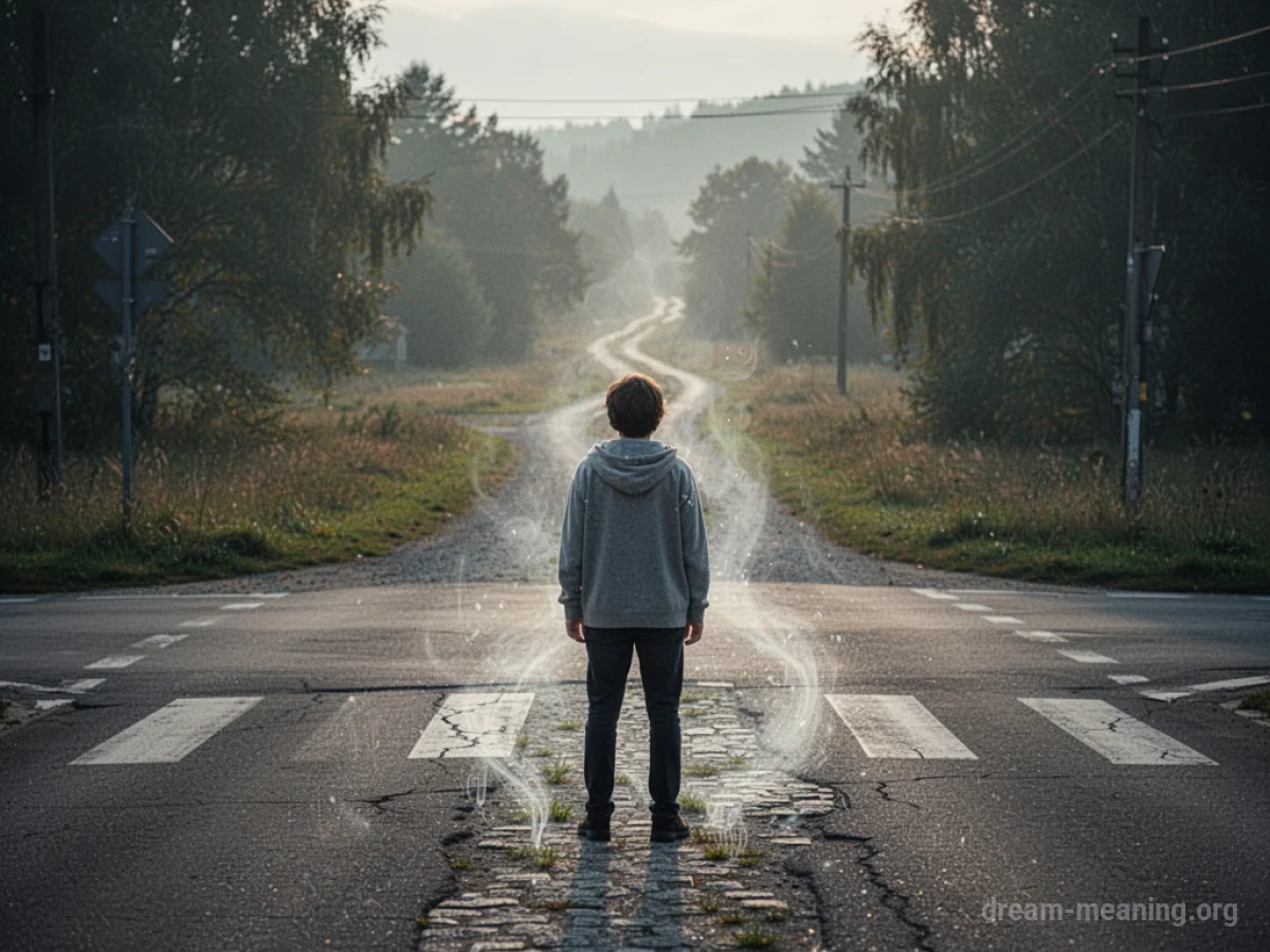 A solitary figure pauses at a diverging path, with a fading trail behind them.