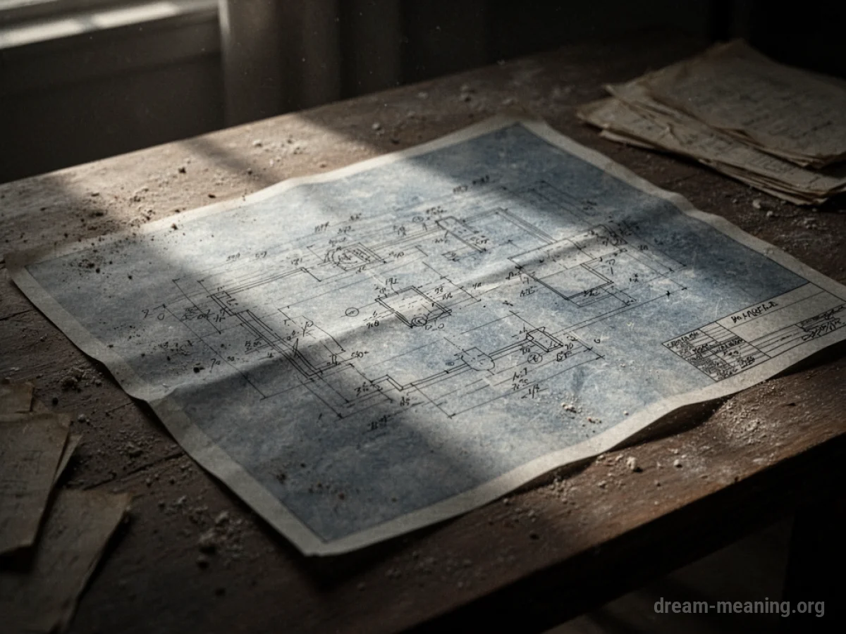 A faded blueprint partially covered in dust.
