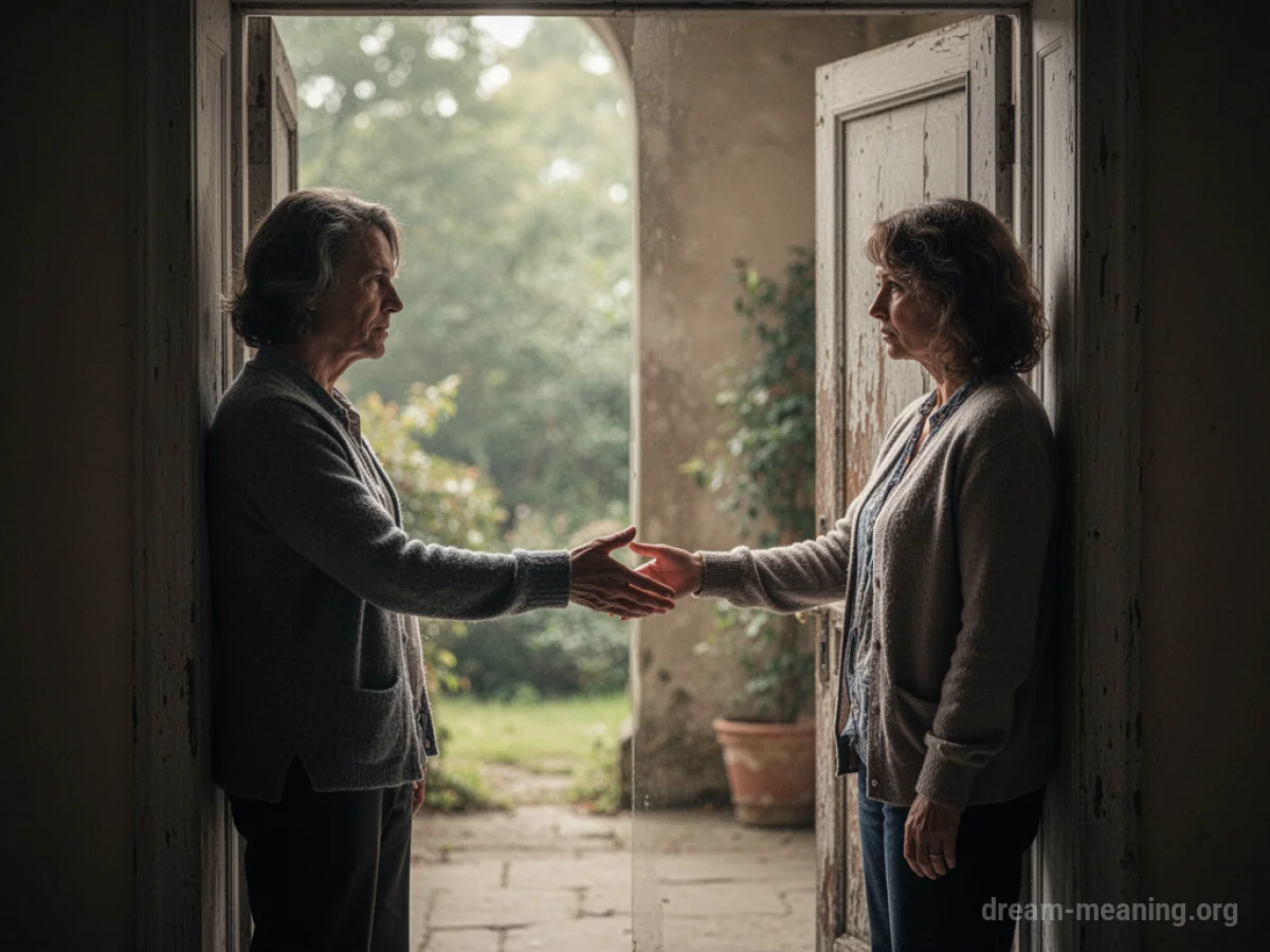 One person extending a hand to another person standing before an open doorway.